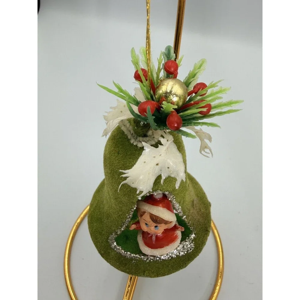 Vintage Flocked Green Bell Christmas Ornament Diorama Elf MCM + Bonus Stickers